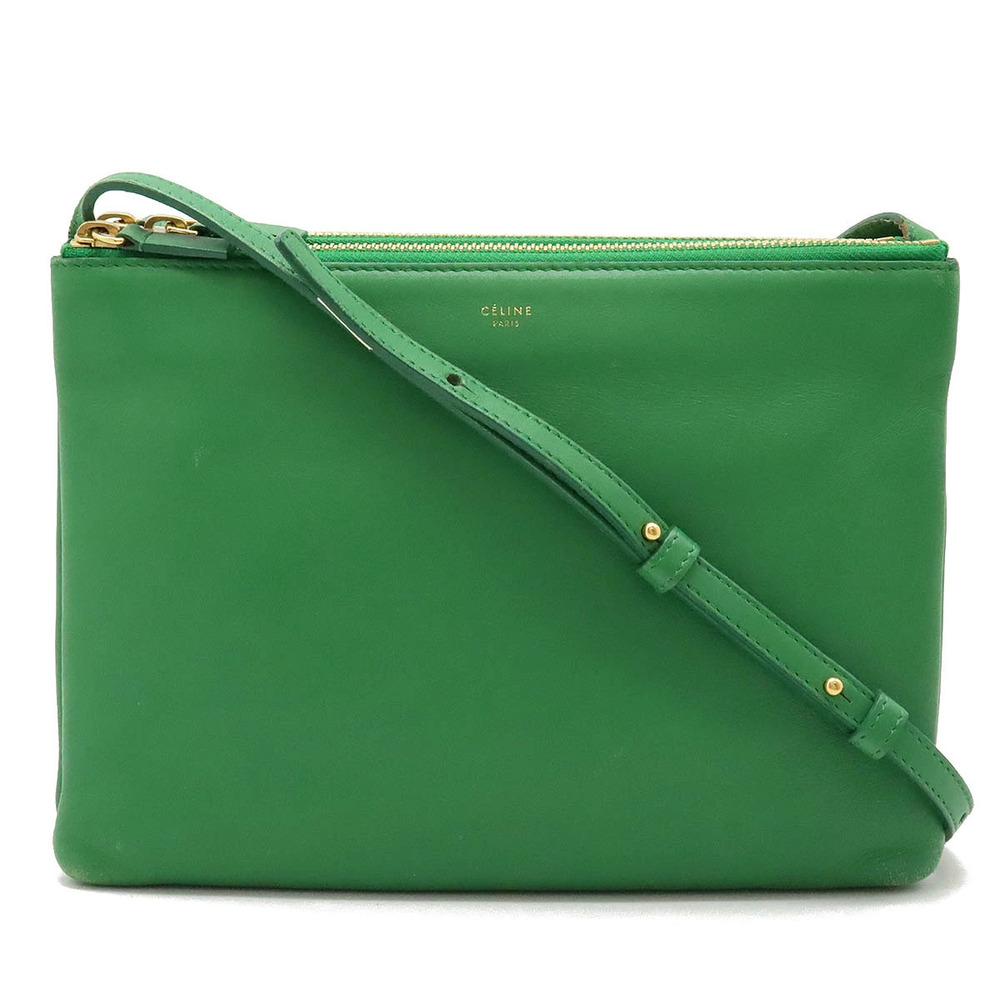 Celine Trio Crossbody Bag Pouch Clutch Lambskin Leather Green